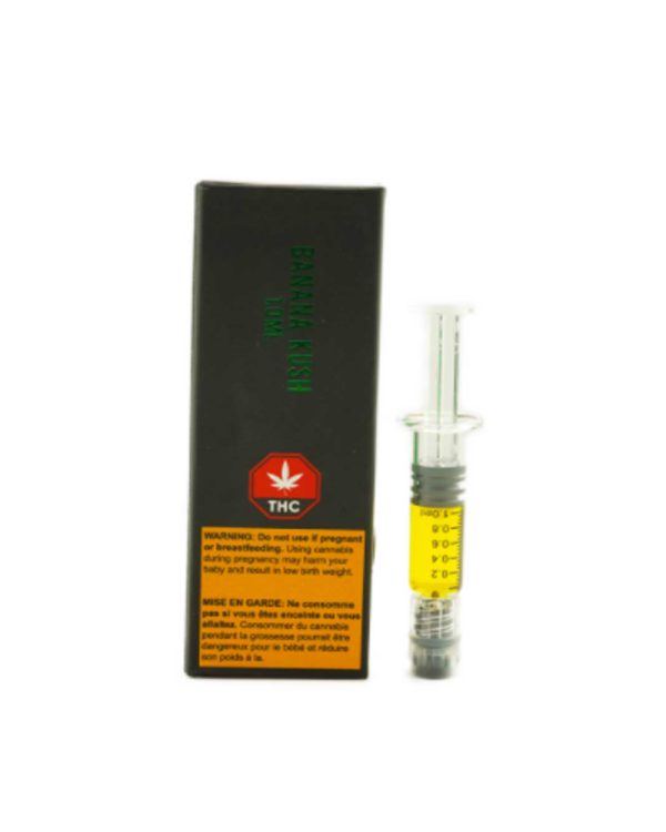 Banana Kush So High Premium Syringes Distillates concentrate for sale online from Chronic Farms weed store and online dispensary for mail order marijuana, dab pen, weed pen, and edibles online.