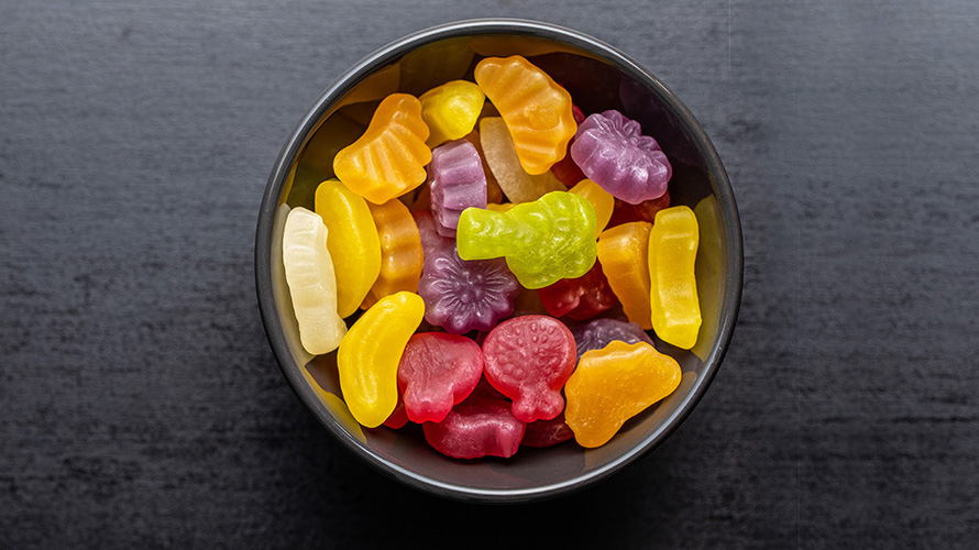 colorful fruity jelly gummy weed candy in a bowl and for sale at Chronic Farms online dispensary and mail order marijuana weed store for edibles online in Canada.