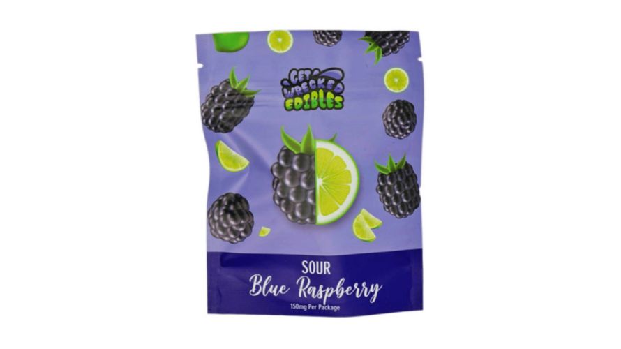 Craving sour canna edibles? The Get Wrecked Edibles – Sour Blue Raspberry gives you 25mg of THC per gummy or 150mg of THC per pack for a measly $12.99! 
