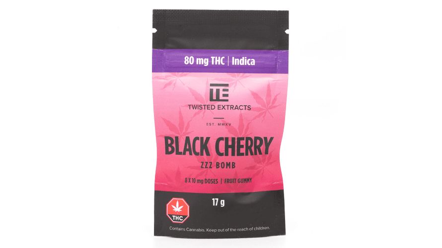 Look for Indica-infused gummies to help with sleep and relaxation such as Twisted Extracts - Black Cherry 80MG.
